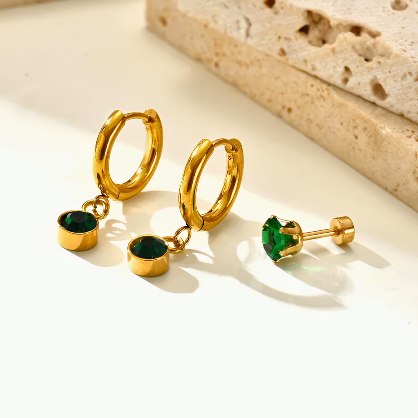 Solitaire Emerald Huggies (Gold)