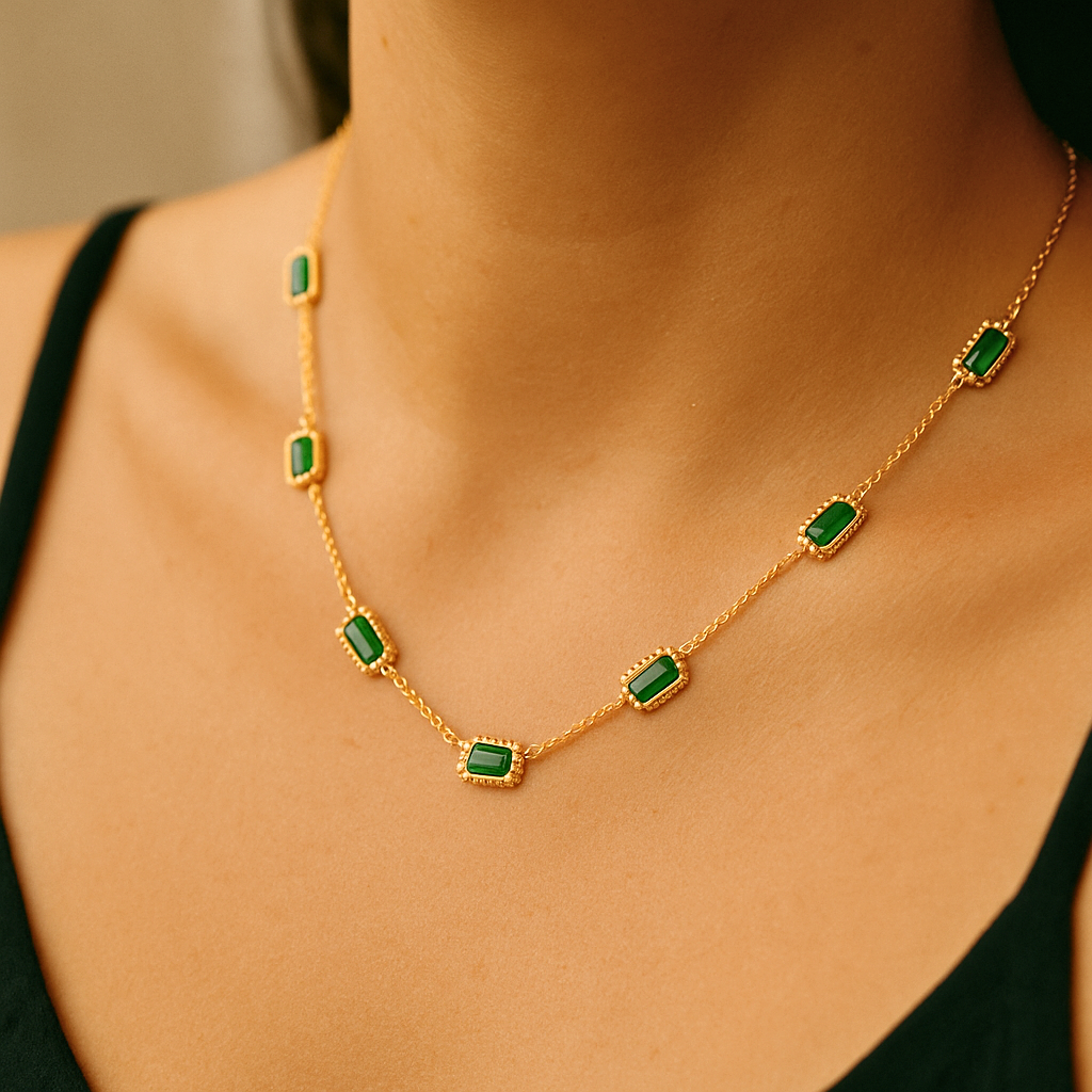 Petite Emerald Baguette Station Necklace (Gold)
